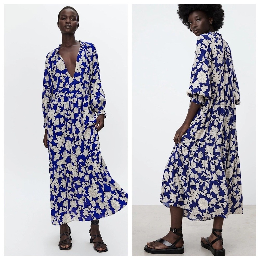 Zara Boho Tiered V-Neck Maxi Dress Womens Sz S Blue Floral Long Sleeve